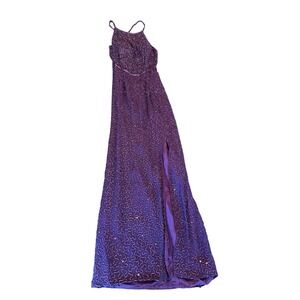 Andretta Donatello Beaded Evening Gown Purple Halter Neck Slit